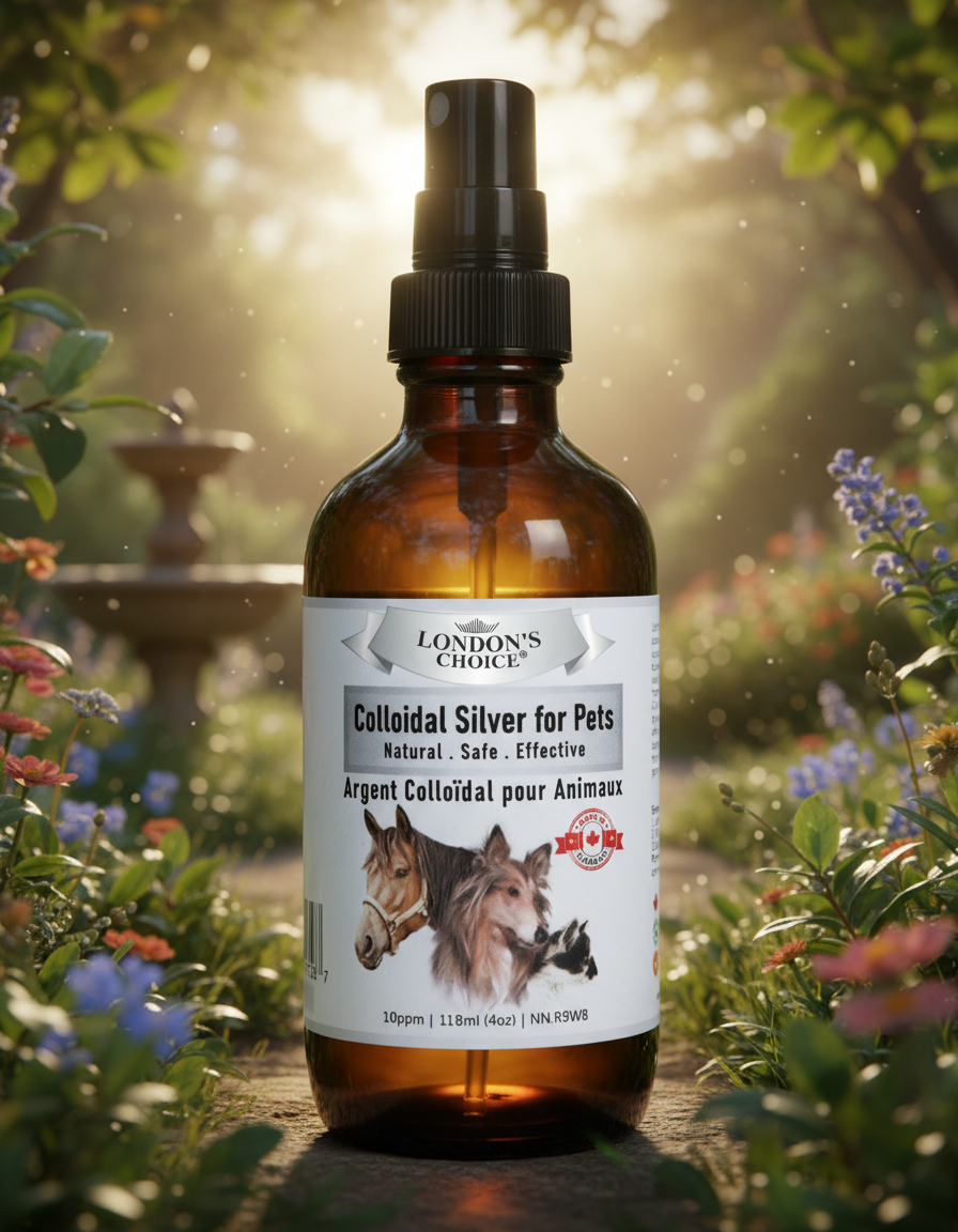 Bottle of London's Choice Colloidal Silver for Pets with a scenic background