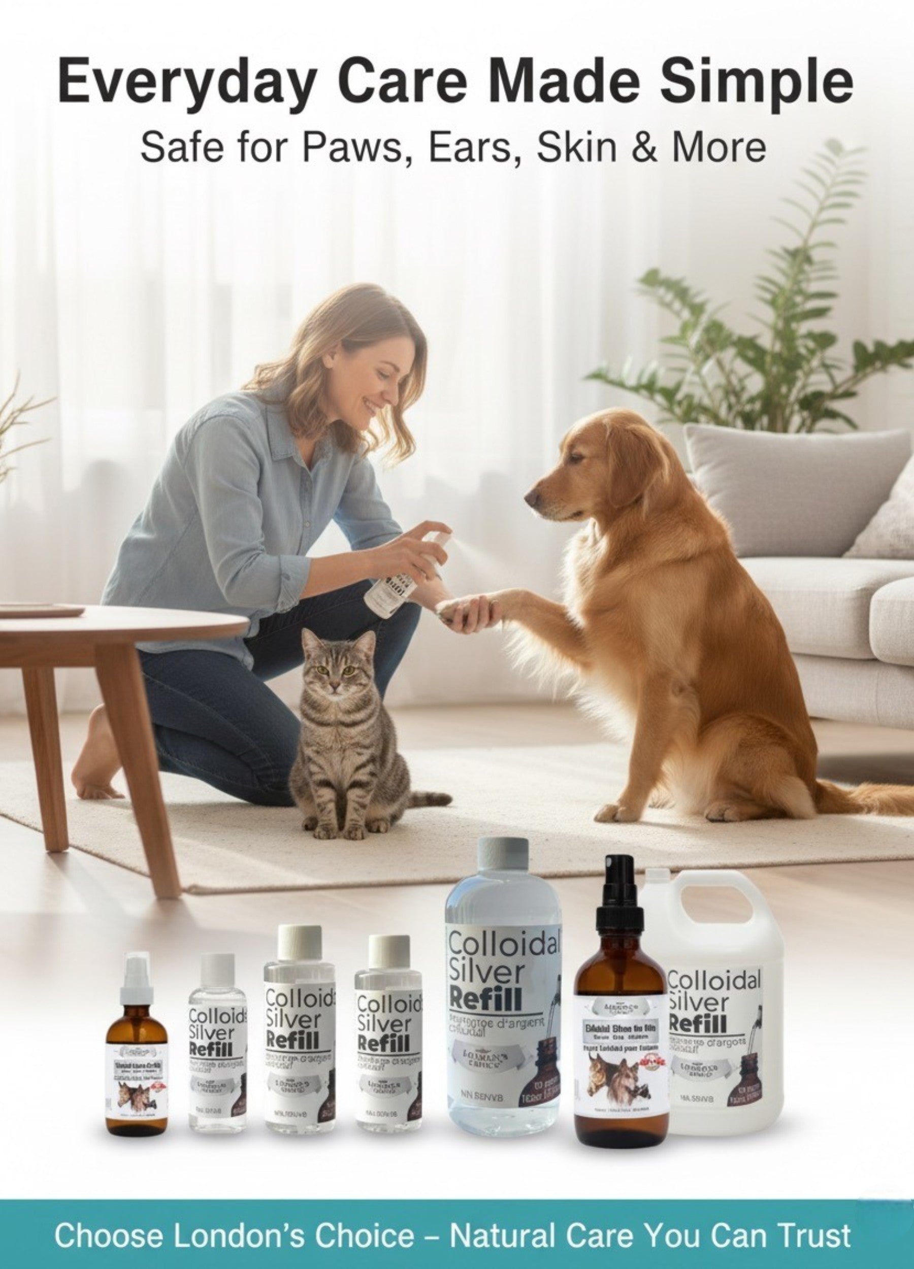 Woman with a dog and cat, surrounded by colloidal silver products in a home setting.