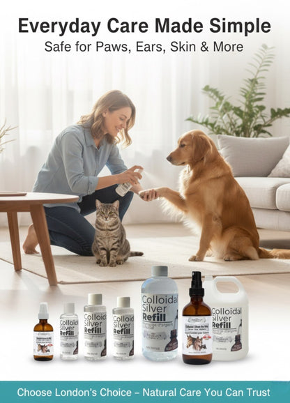Woman with a dog and cat, surrounded by colloidal silver products in a home setting.