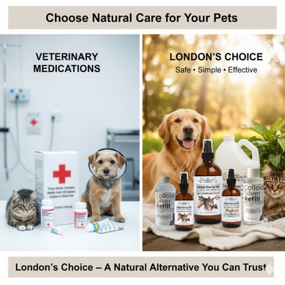Comparison of veterinary medications and London's Choice natural care products for pets.