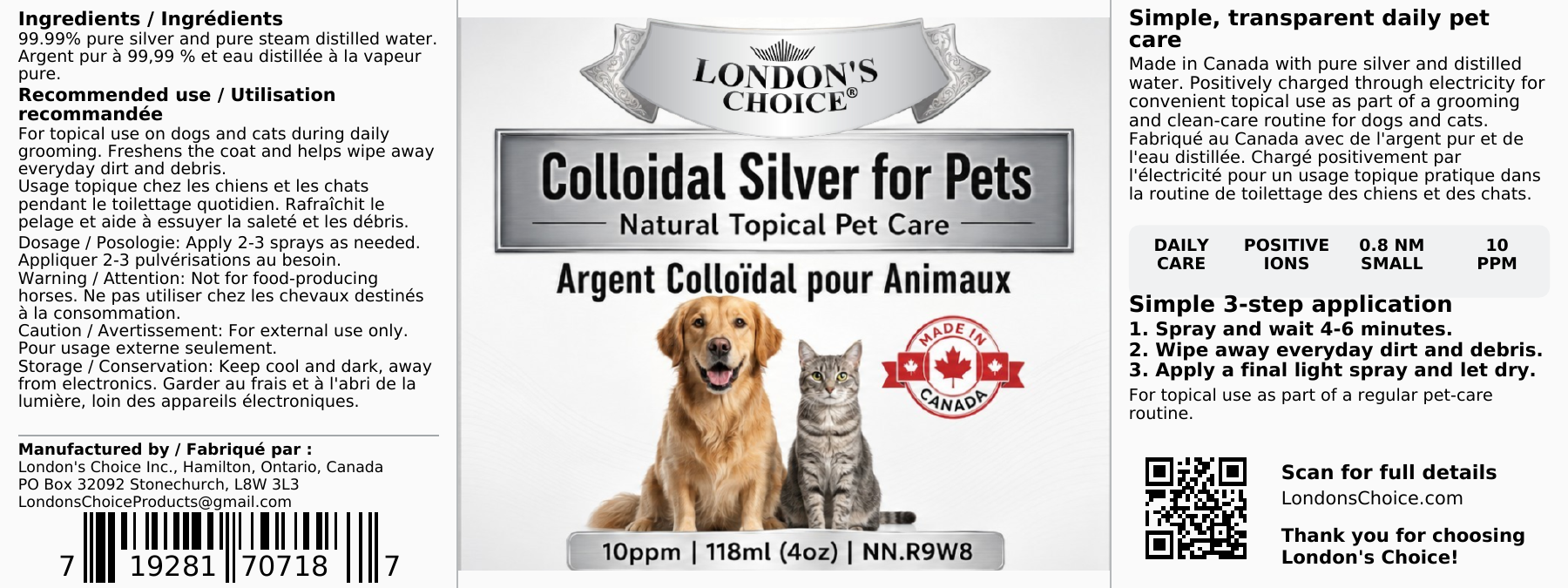 London's Choice bilingual 4 oz pet spray label with ingredients, 10 ppm and topical directions.