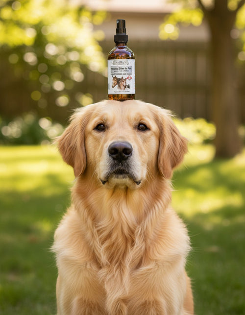 London’s Choice pet spray bottle with a golden retriever outdoors.