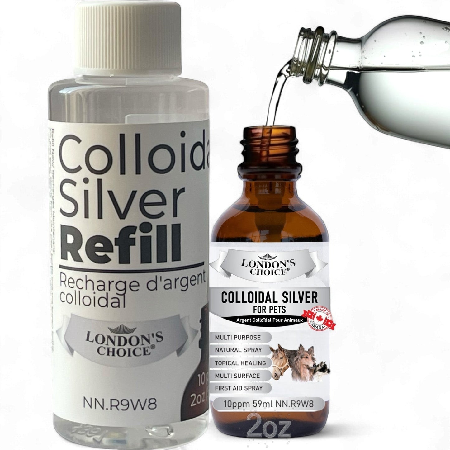 London's Choice colloidal silver pet spray and refill bottle for natural first aid and skin care for dogs and cats