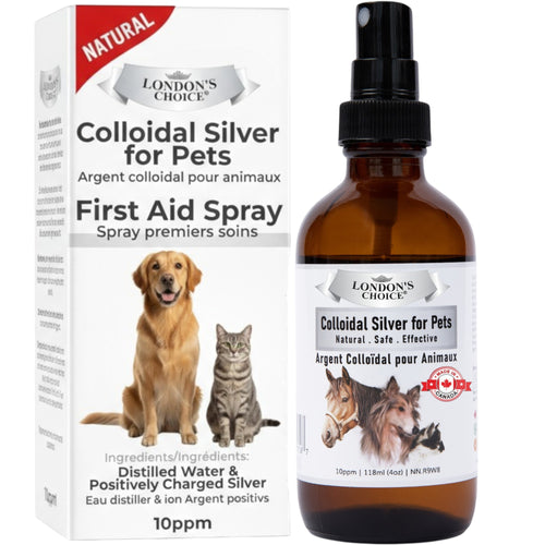 London's Choice colloidal silver spray for pets in an amber bottle with a box featuring dog and cat illustrations.
