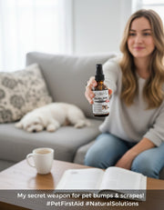 London's Choice colloidal silver spray for pets held by a woman in a living room with a dog resting on the sofa.