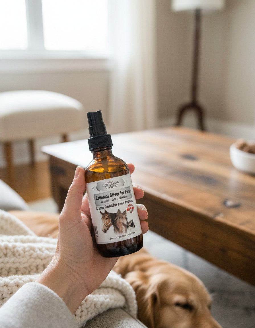 London's Choice colloidal silver spray for pets held in hand with a dog resting in the background