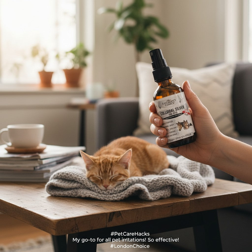 London's Choice colloidal silver spray for pets held near a sleeping ginger cat on a wooden table
