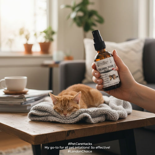 London's Choice colloidal silver spray for pets held near a sleeping ginger cat on a wooden table