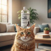 London's Choice colloidal silver refill bottle balanced on the head of a fluffy ginger cat in a bright living room.