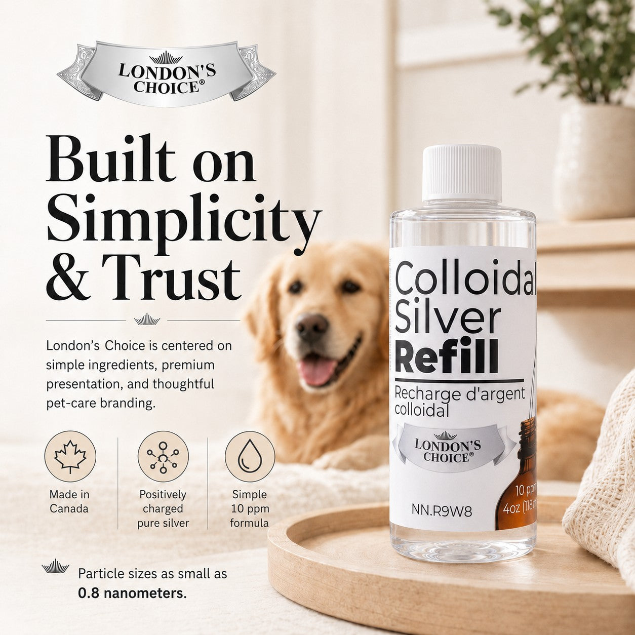 London's Choice colloidal silver refill bottle for pets on a wooden tray with a blurred golden retriever in background
